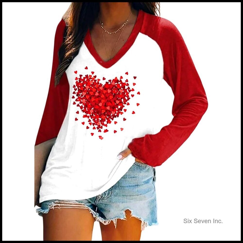 Long Sleeve Graphic Tee Plaid Striped Splicing Loose Casual Top Valentine's Day